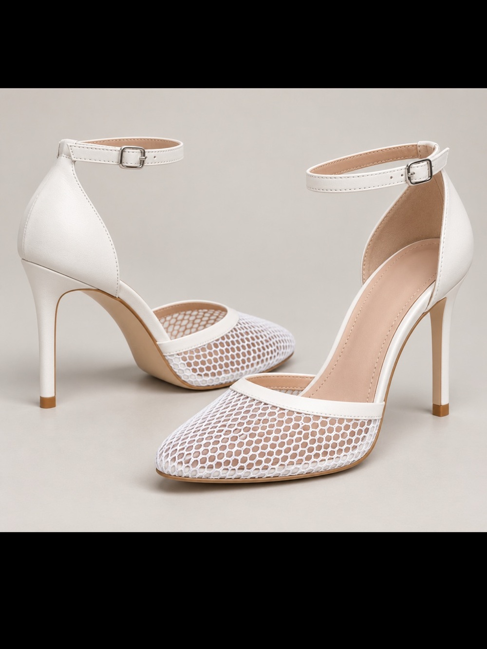 Pointed White Mesh Ankle-Strap Stiletto Heels